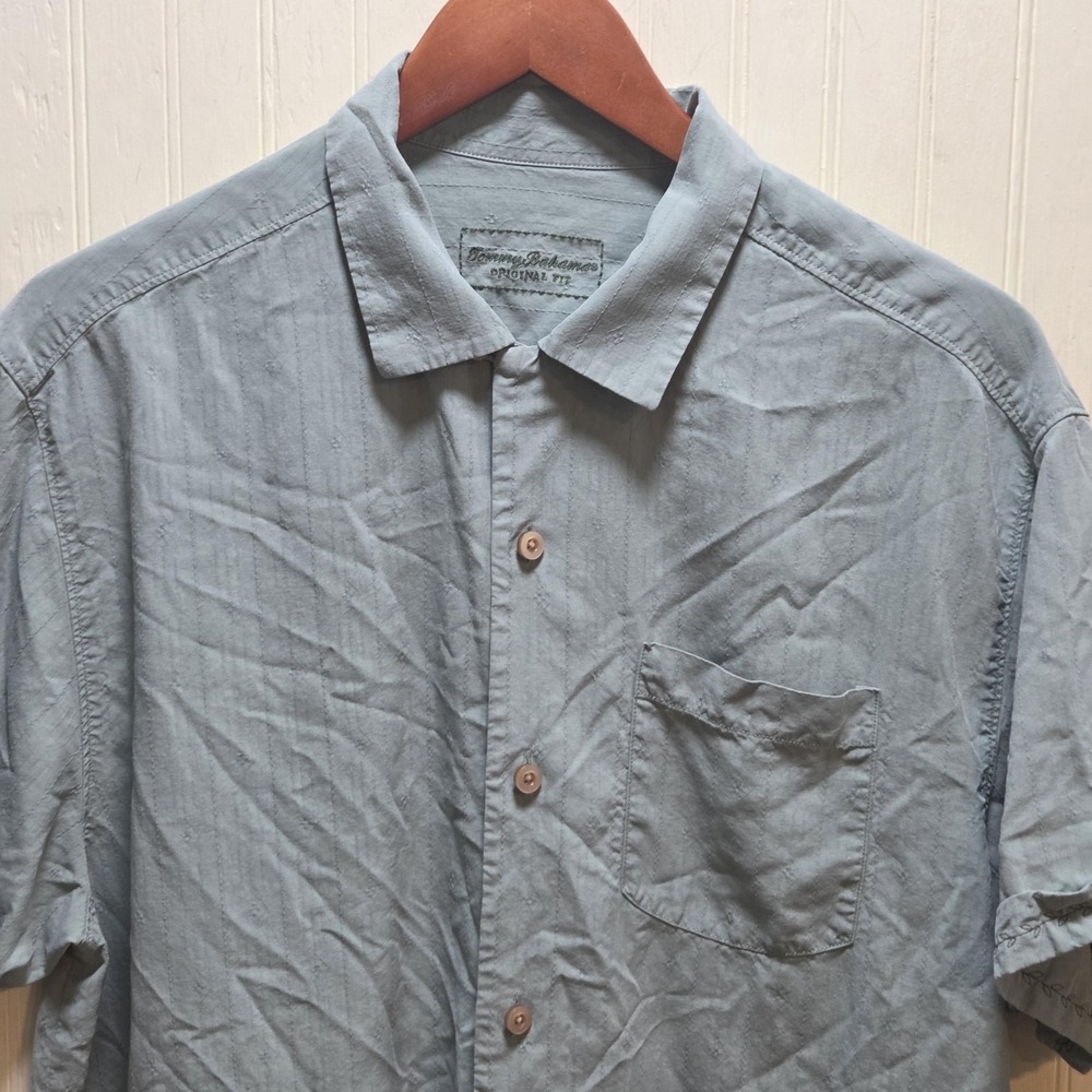 Tommy Bahama Shirt Mens Medium Blue Solid Short Sleeve Silk Button Up Casual